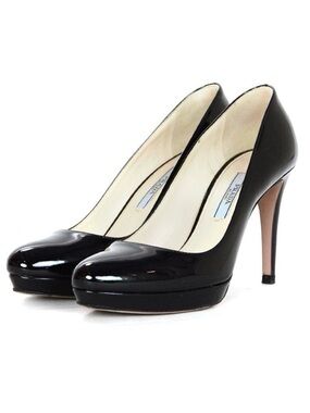 Prada Black Patent Saffiano Leather Heels - Women Shoes